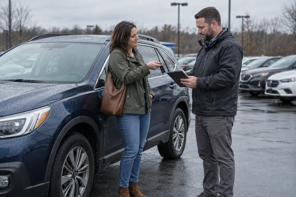 An owner offers her vehicle key while an appraiser reviews her trade-in with a tablet